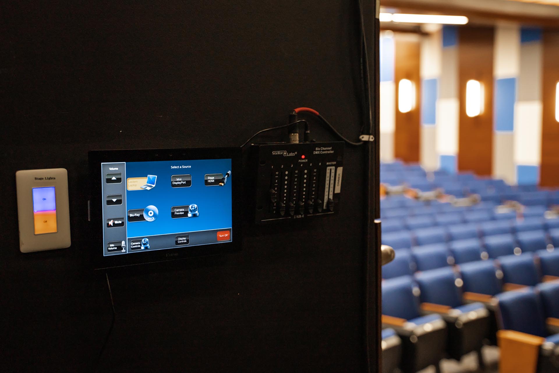 Closeup of an auditorium AV control panel