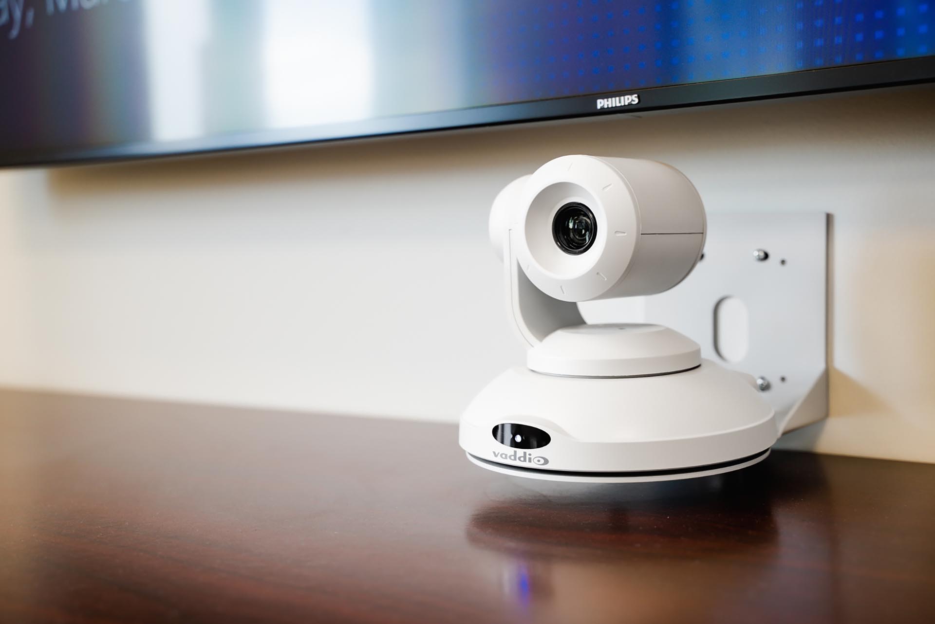 Closeup of a conference room camera for video conferencing