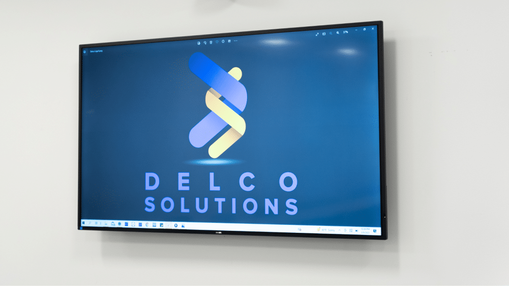 Video wall displaying the Delco Solutions logo