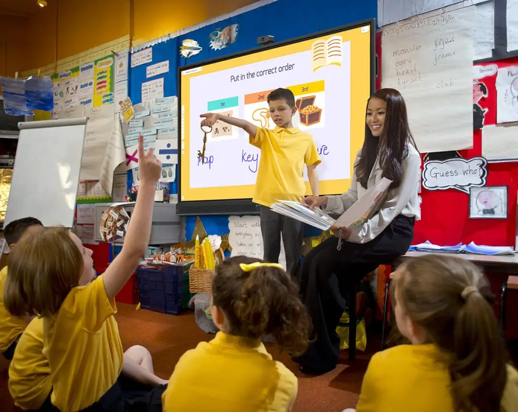 Students raising their hands to write on an interactive whiteboard in the classroom