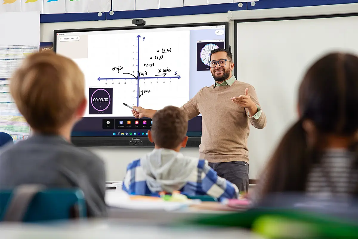 A teacher writing on a math graph on a Promethean interactive whiteboard in the classroom